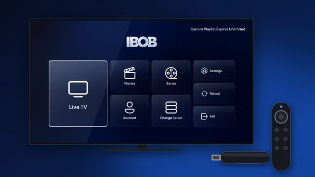 IBOB Player home screen on a TV with a streaming stick and remote
